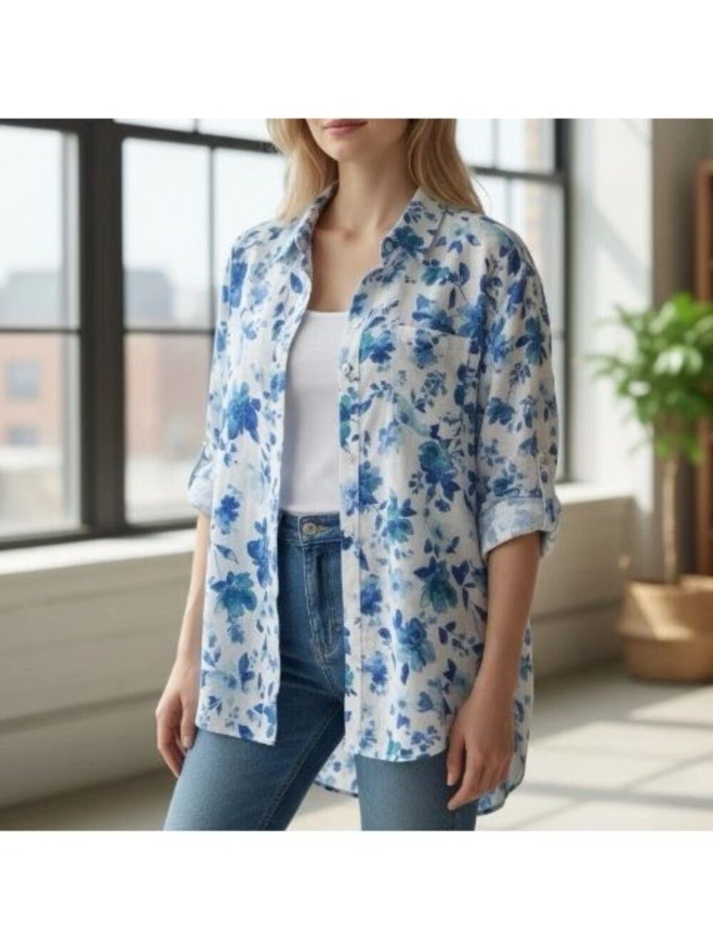Susan Graver Pure Linen Sz 2X Blue Floral Button Long Sleeve Shirt Coastal
